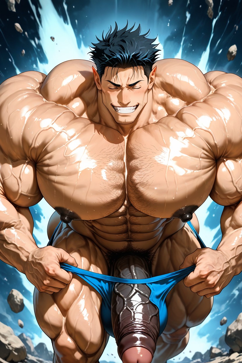 Powerful Thick Thighs, Oversize Muscle, Vivid Cinematic Light Casting Rembrandt-style Deep Shadows On His Massive Bulking Body AI Gay Porn