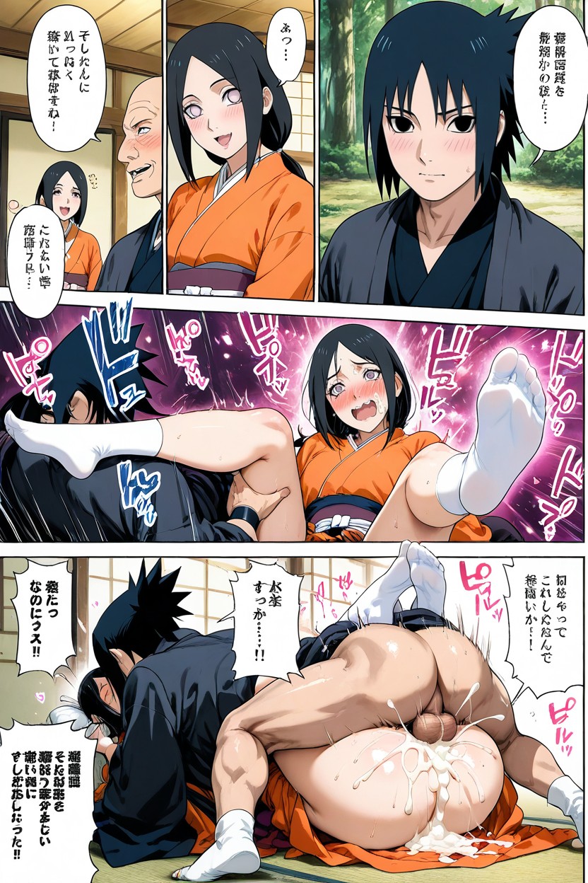 Japanese Manga Comic Page, Manga, Blackhaired Sasuke Uchiha Wearing Black Kimono With Uchiha Clan Symbols AI Gay Porn