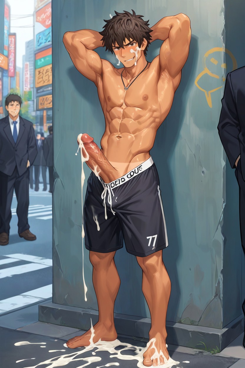 Huge Penis, Cumshot On Own's Abs, Standing On Street Corner AI Gay Porn