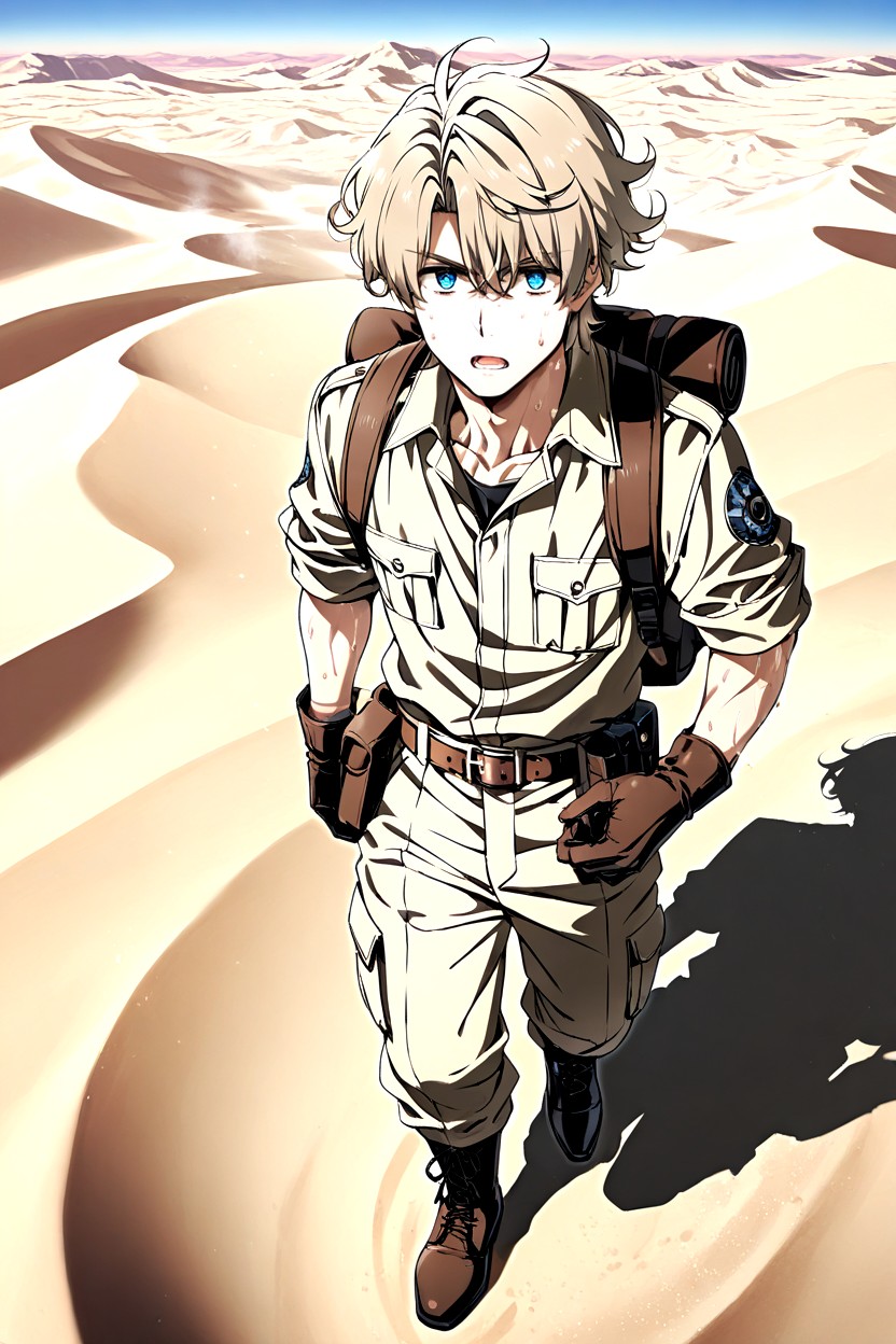 Open Mouth, Wearing Khaki Explorer Outfit, Hot Sunny Day AI Gay Porn