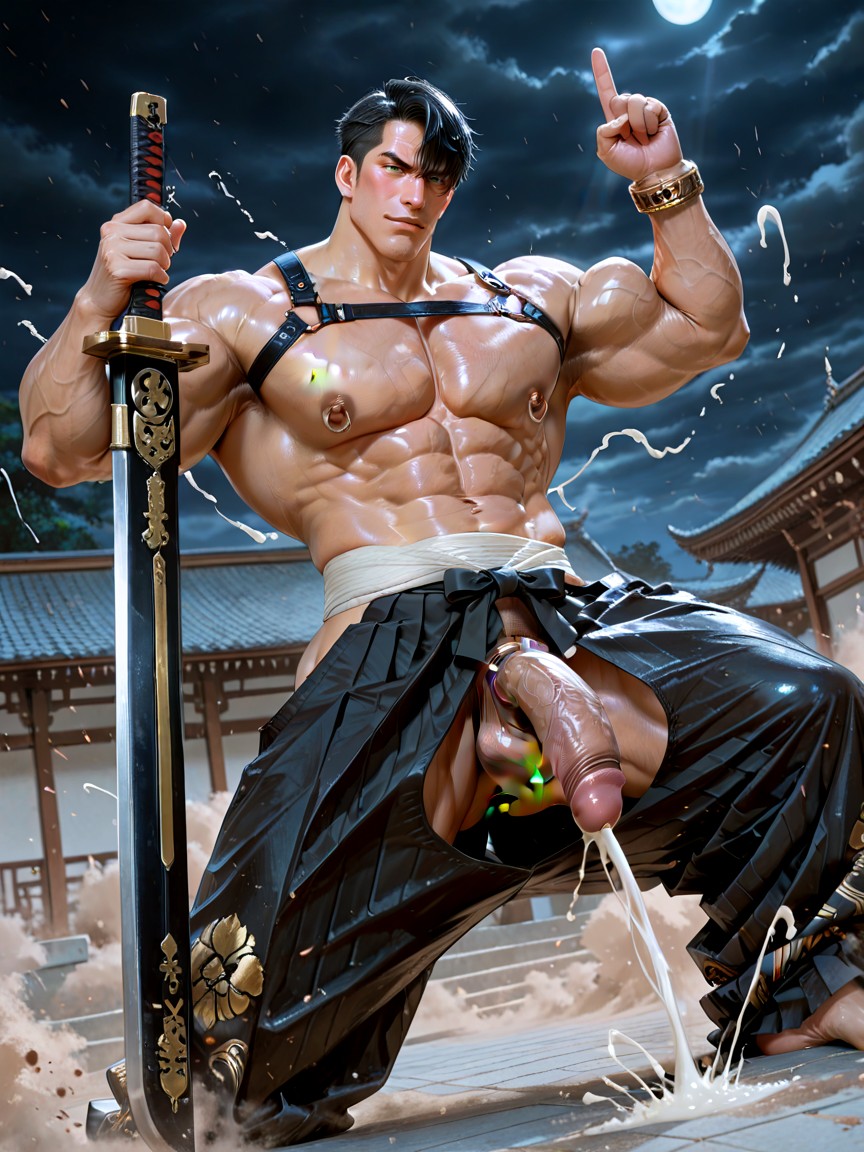 Sides Shaved Permed Black Hair With Side Bangs, Warrior Attack Pose, Dynamic Pose AI Gay Porn