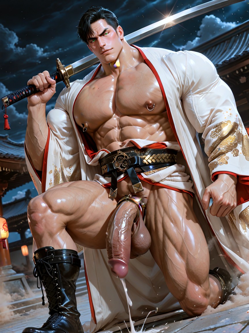 Wears Wide Brocade Belts Used To Cinch The Waist And Accentuate Cleavage Exposing His Naked Thighs Cock And Balls, Realistic, Cocky Expression Porno gay IA