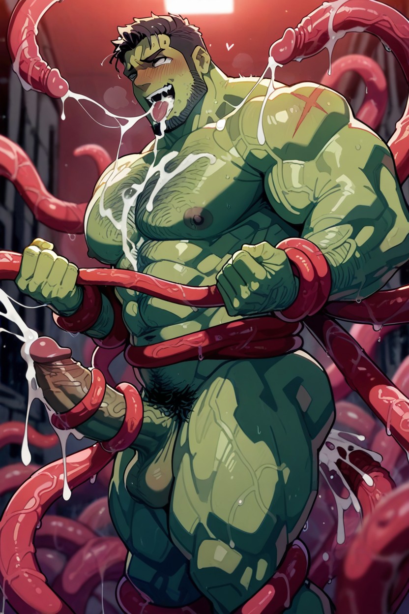 Fully Naked, Attacked By Red Tentacles, Big Pecs AI Gay Porn