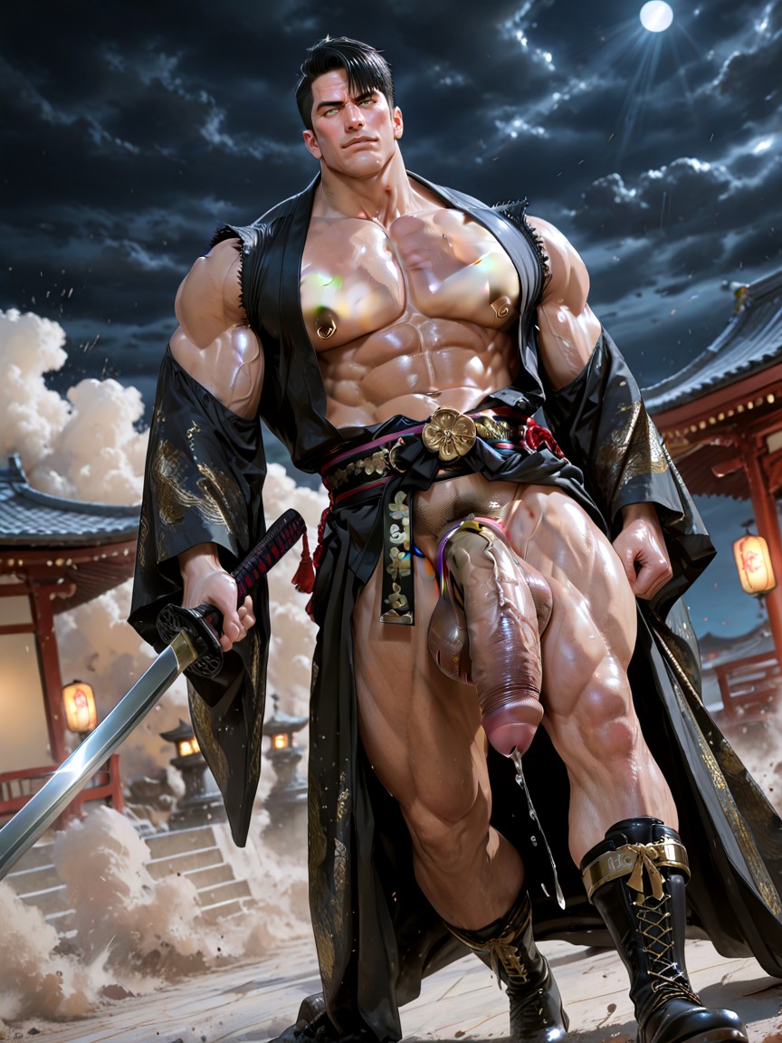 Realistic, Big Defined Arms, Wears Wide Brocade Belts Used To Cinch The Waist And Accentuate Cleavage Exposing His Naked Thighs Cock And Balls AI Gay Porn