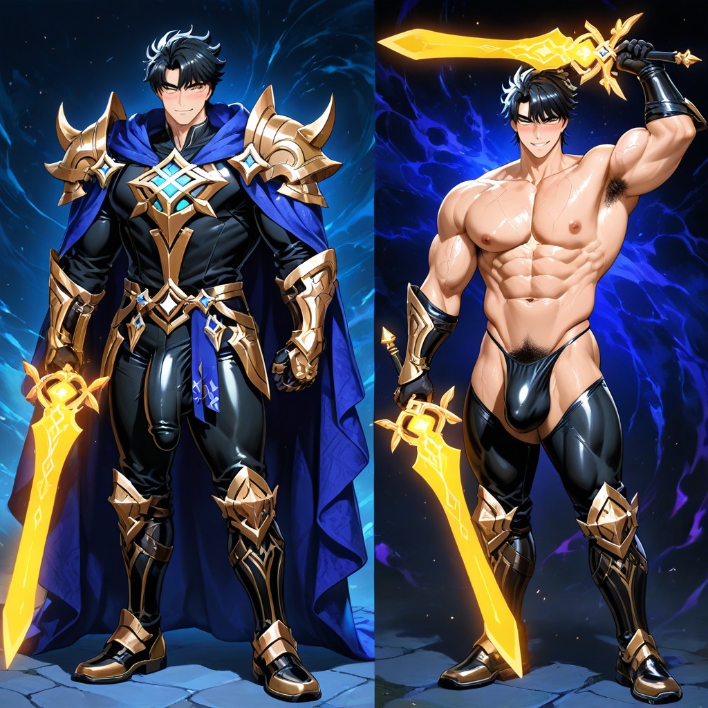 Indigo Flowing Cloak, Exposed Black Thong, Wearing An Ornate Metal Bikini Armor AI Gay Porn