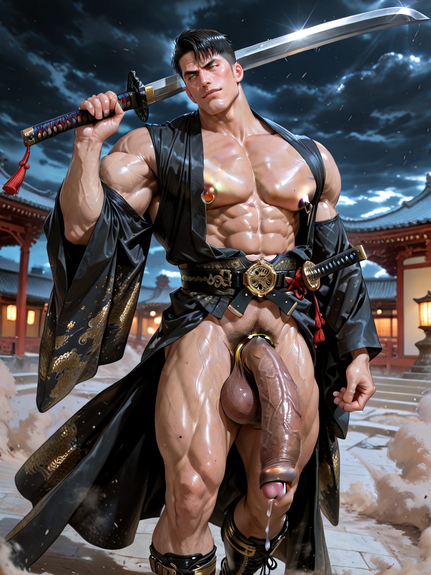 Gold Hyper Wide Ornate Cock Ring, Massive Chiseled Chest And Shredded Abs, Green Eyes AI Gay Porn