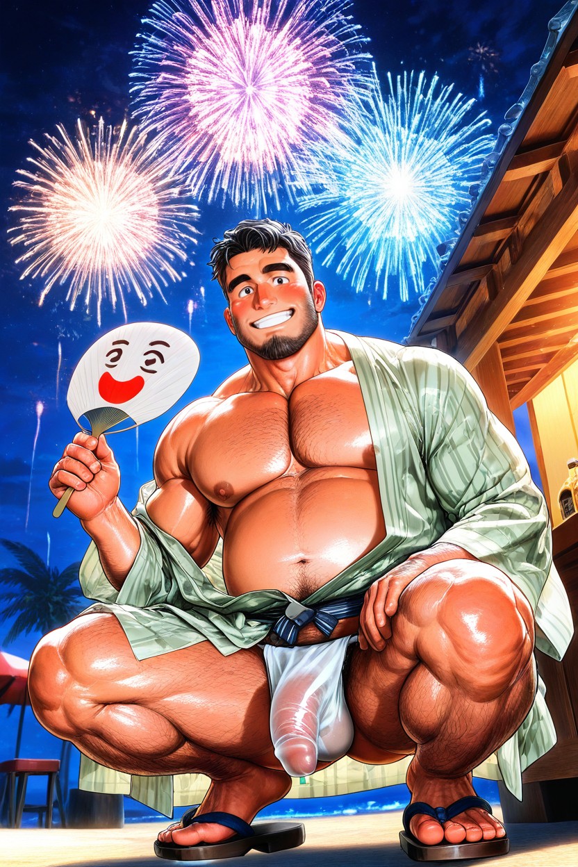 Public Hair, Hand Holding A Big Uchiwa, Open Clothes AI Gay Porn
