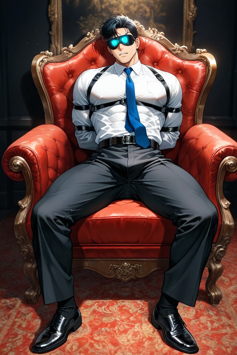 Bench Without Backrest, Hard Nipples Inside Shirt, His Hands Bound Behind His Back AI Gay Porn