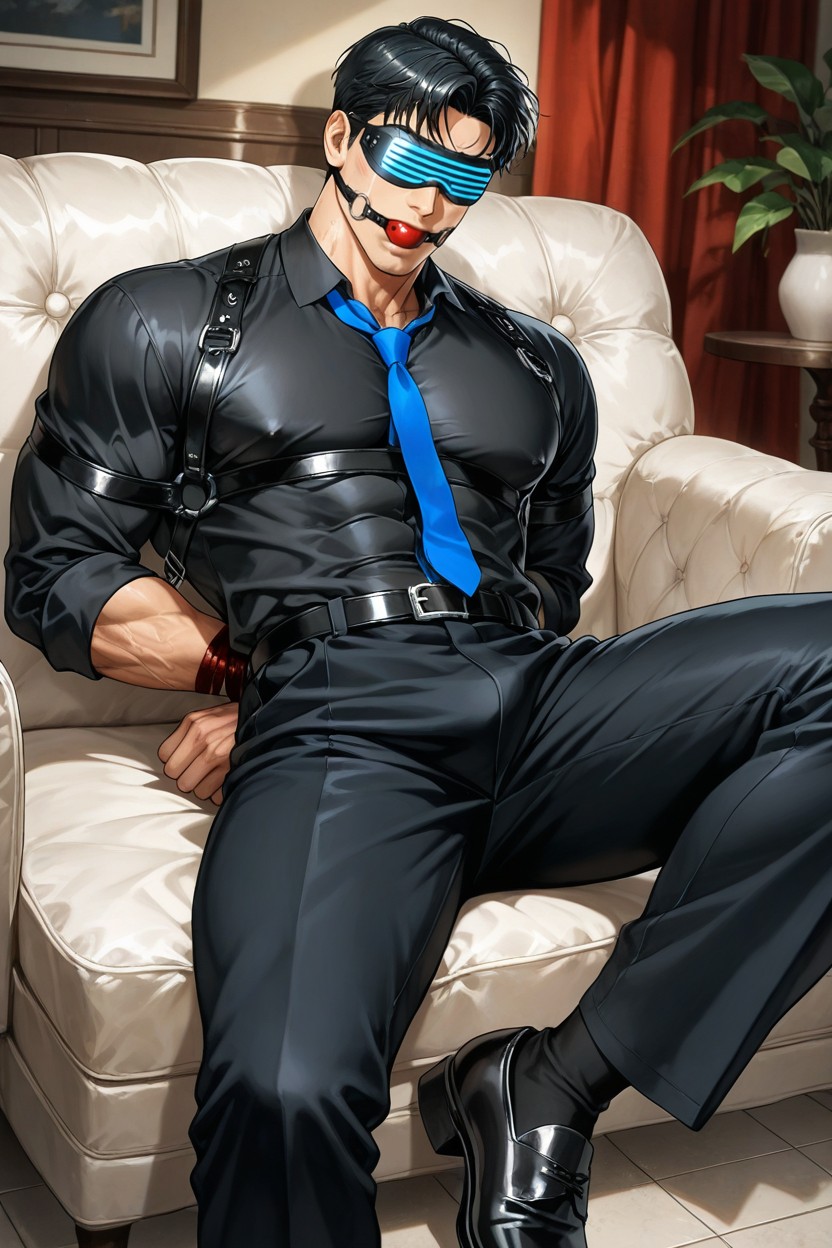 Office Pants, Hypnotic Virtual Reality Glasses On His Face, Wearing A Thick-sleeved Black Dress Shirt AI Gay Porn
