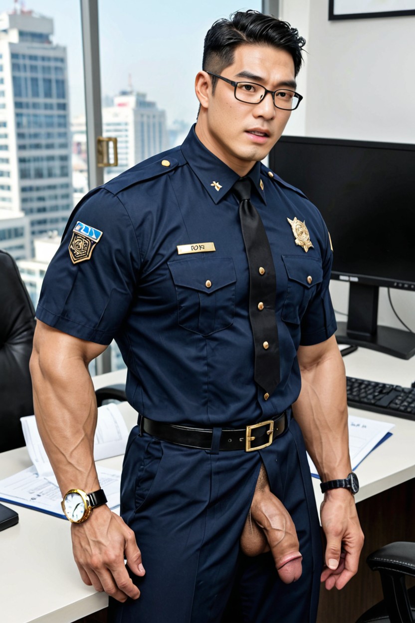 Moyen Flaccid Size Penis, Shirt Fully Buttoned Up To The Collar, Thick Forearms AI Gay Porn