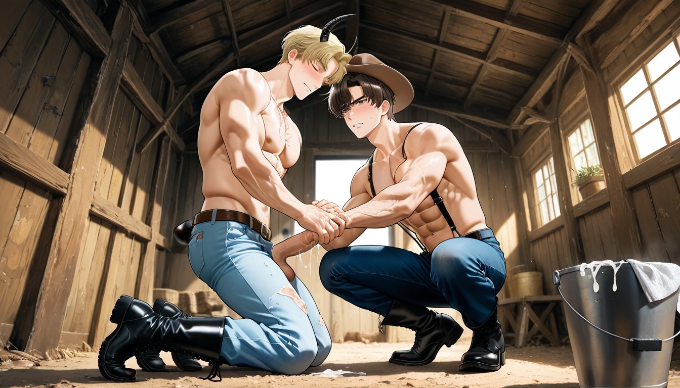 Horny, Massive Cock, Handsome Blonde Cowboy Reaches Down Grabs And Strokes Artem Wing Cock AI Gay Porn