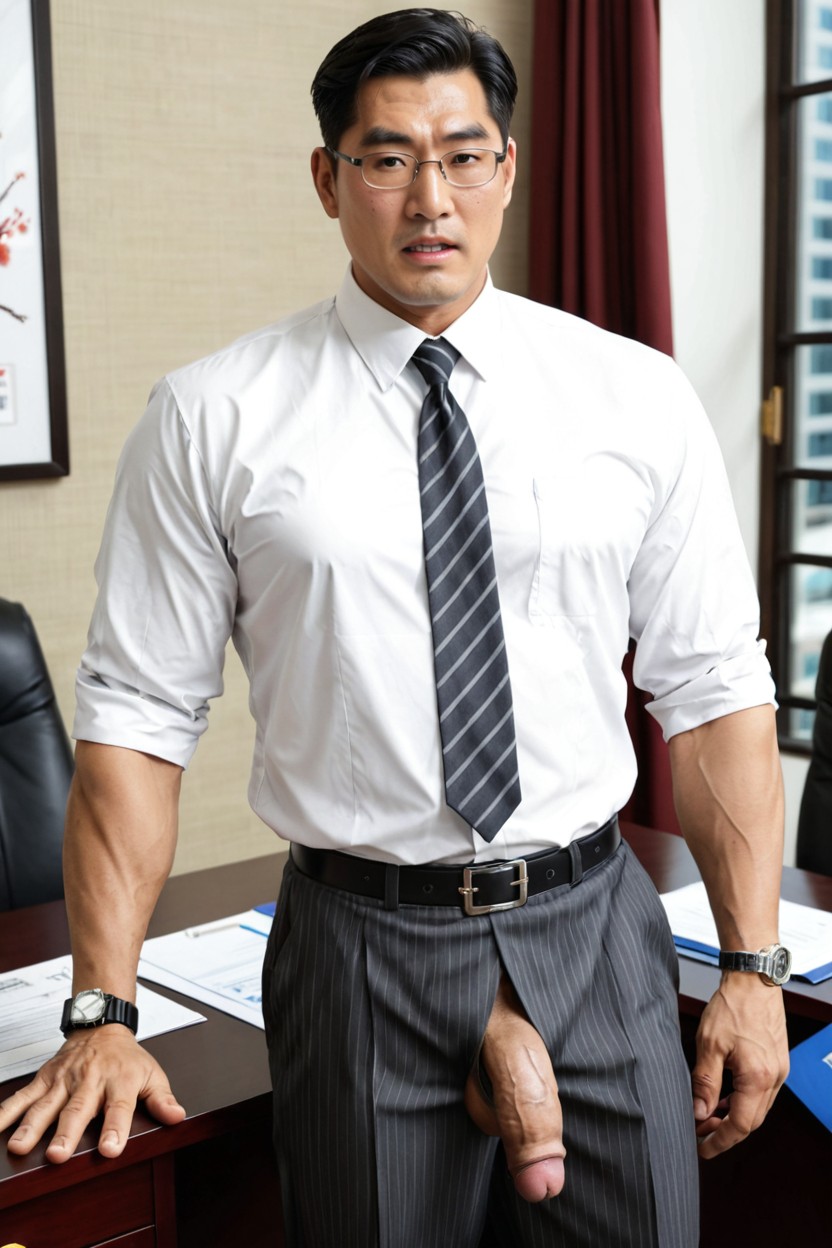 Crisp Long-sleeved Dress Shirt, Flaccid Penis Downward, China AI Gay Porn