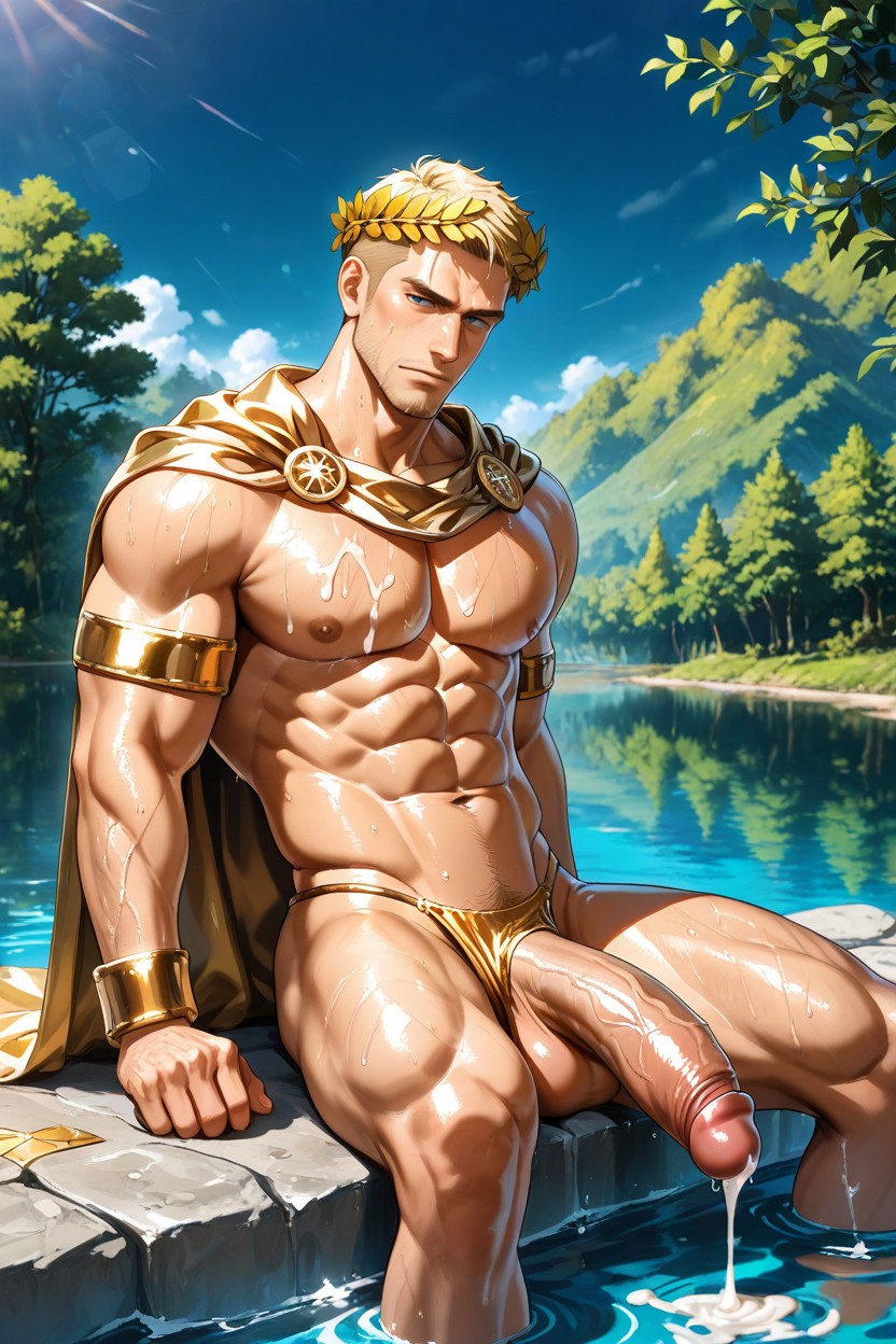 Gold Armbands, Gold Sun Emblem, Sculpted Abs AI同性恋黄片