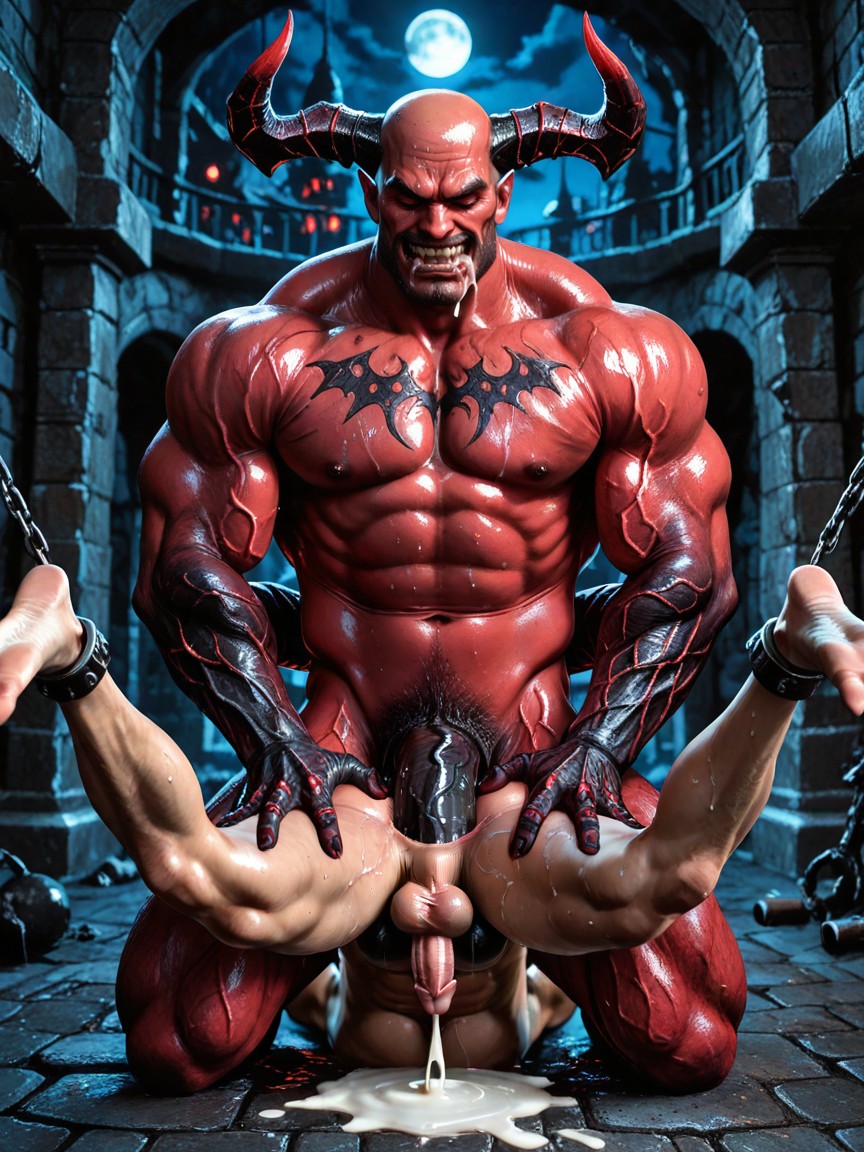 Man Bound In Chains, Stretched Gaping Hole Filled With Massive Cock, Massive Monster Cock Fills Man Stomach AI Gay Porn