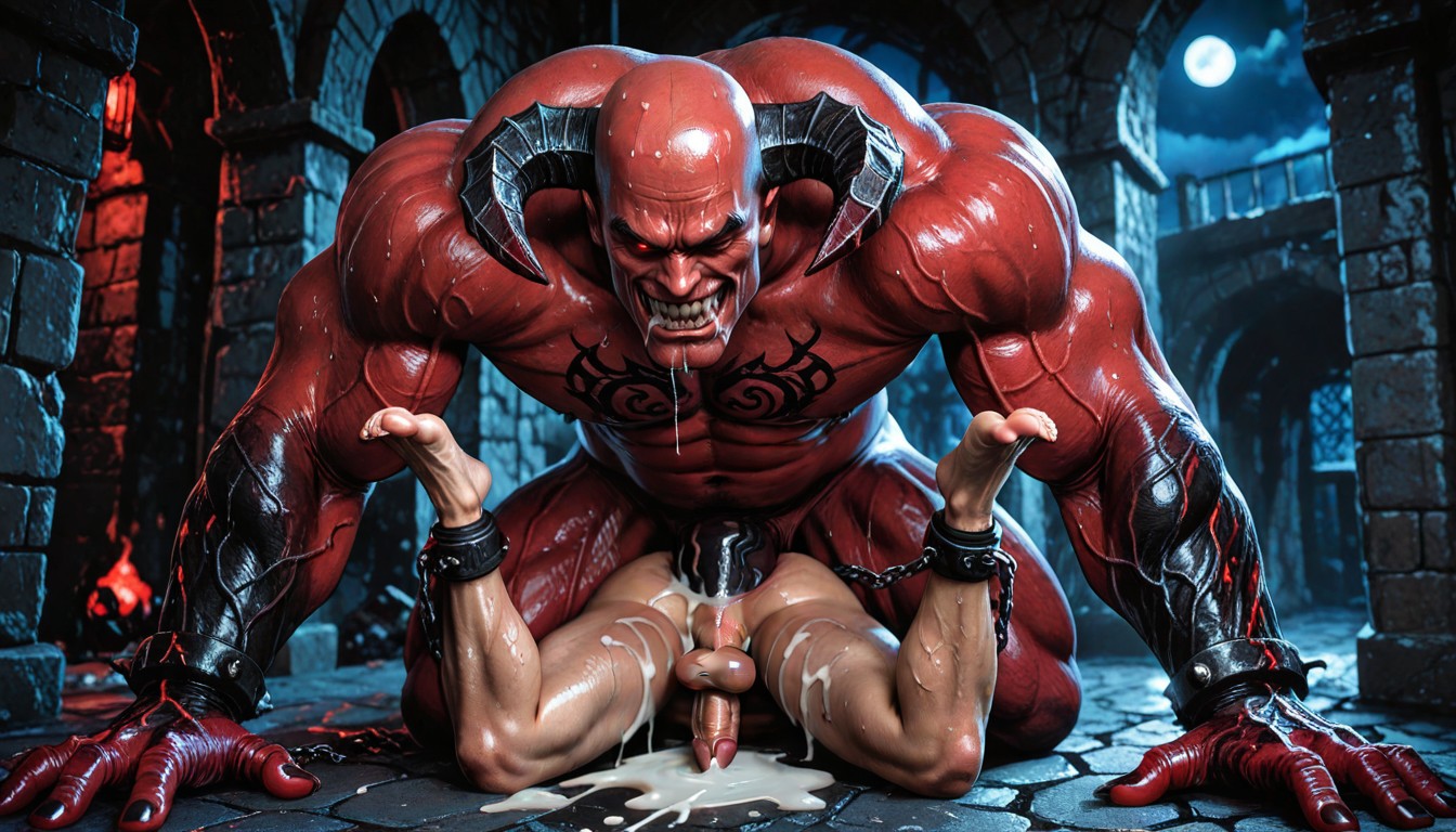 Bald Man Takes Hard Anal Pounding From Red Devil Demon Scary Monster, Monster Arms Wrapped Around Man, No Mercy AI Gay Porn