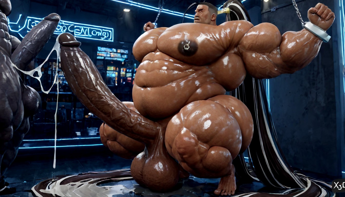 Squatting, Oversized Muscles, Gigantic Oversized Heavy Sagging Balls AI Gay Porn