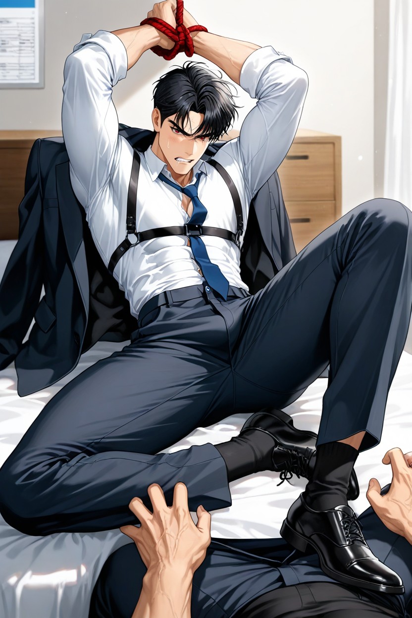 Strap Leather Shirt Harness, Black Underwear, Both Hands Were Tied With Rope AI同性恋黄片