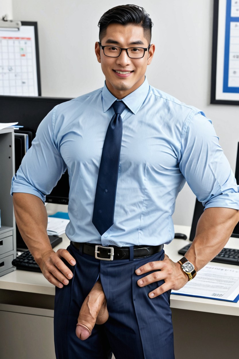 Belt Properly Buckled, Black Hair, Massive Build AI Gay Porn