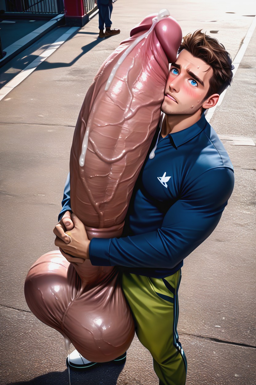 Uncut Hyper Cock Much Longer And Thicker Than Arm, Square Jaw, Two-handed Handjob AI Gay Porn