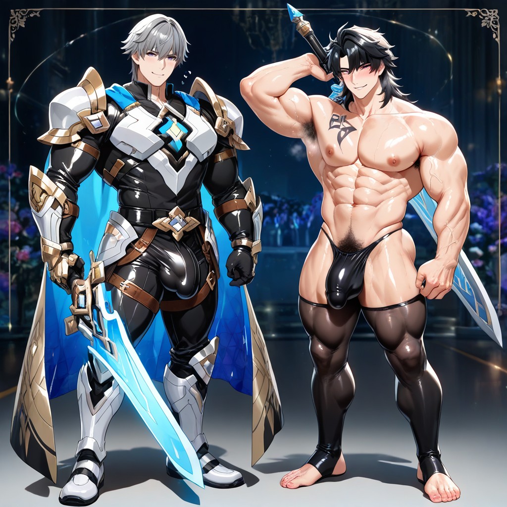 Handsome Korean Idol Face, Pubic Hair, Holding A Glowing Magical Sword Pornografia gay com IA