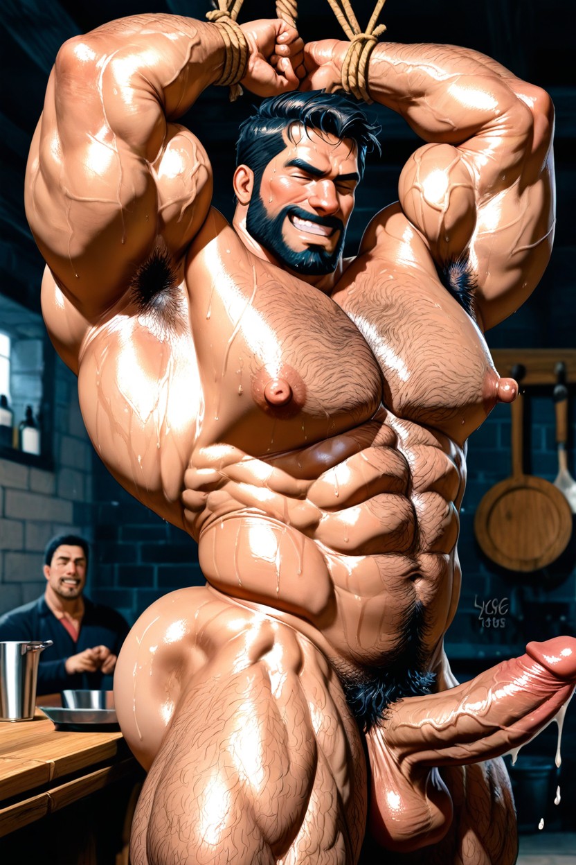 Broad Oversized Pecs, Oiled Body, Lyng On A Wooden Kitchen Table On His Back ゲイAIポルノ