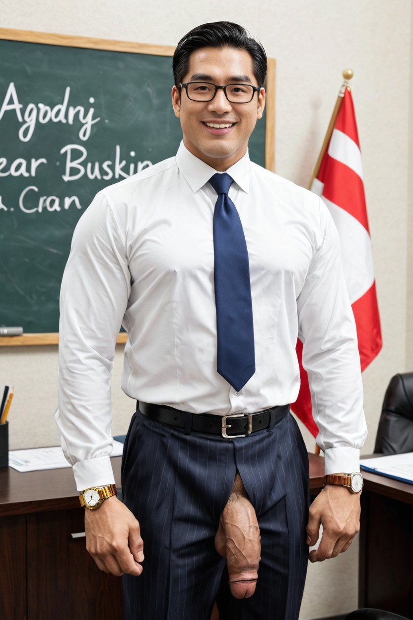 Dick Cm Long Cm, Buttoned Sleeve Cuffs, Perfectly Centered Tie Pornografia gay com IA