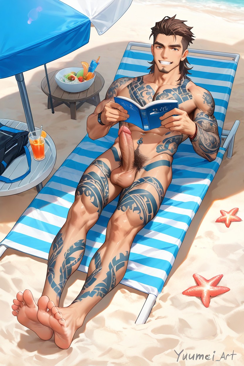 Lying Down On The Beach, Moyen, Very Tanned Porno IA Gay
