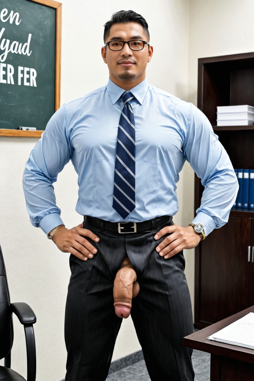 Heavy-lidded Eyes, Flaccid Penis Downward, Mature Masculine Aura Broad And Full Face ゲイAIポルノ