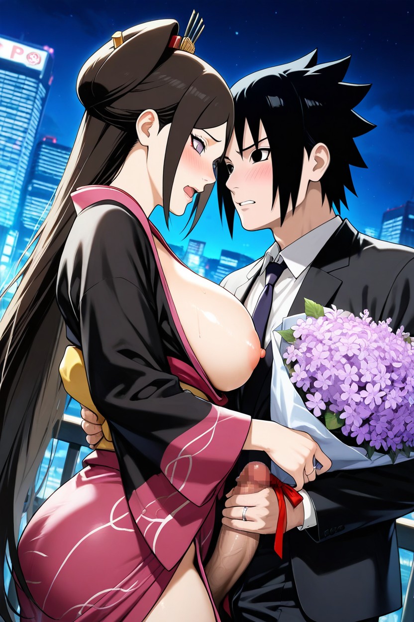 긴 길이, From Anime Naruto, A Man Giving A Oversized Bouquet Of Pink Flowers 게이 AI 포르노