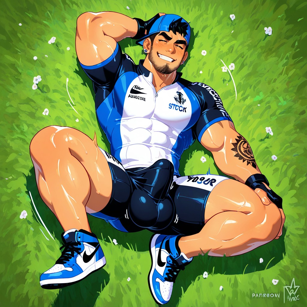 Stocky Cyclist, Beautiful Field Pics In The Background, Facing Down 게이 AI 포르노