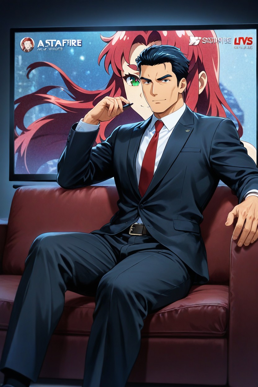 Starfire Is Displayed On The Television Screen, Starfire Is Displayed On The Television Screen, A Businessman Is On A Sofa Watching A Tv Show Porno IA Gay