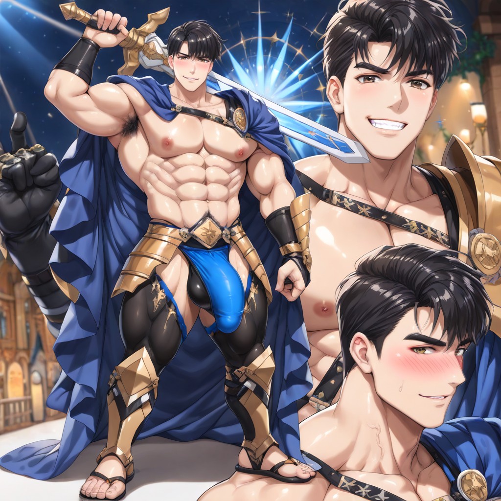 One Arm Up, A High-fantasy Korean Manhwa Style Illustration Of A Legendary Knight, Dynamic Pose AI同性恋黄片