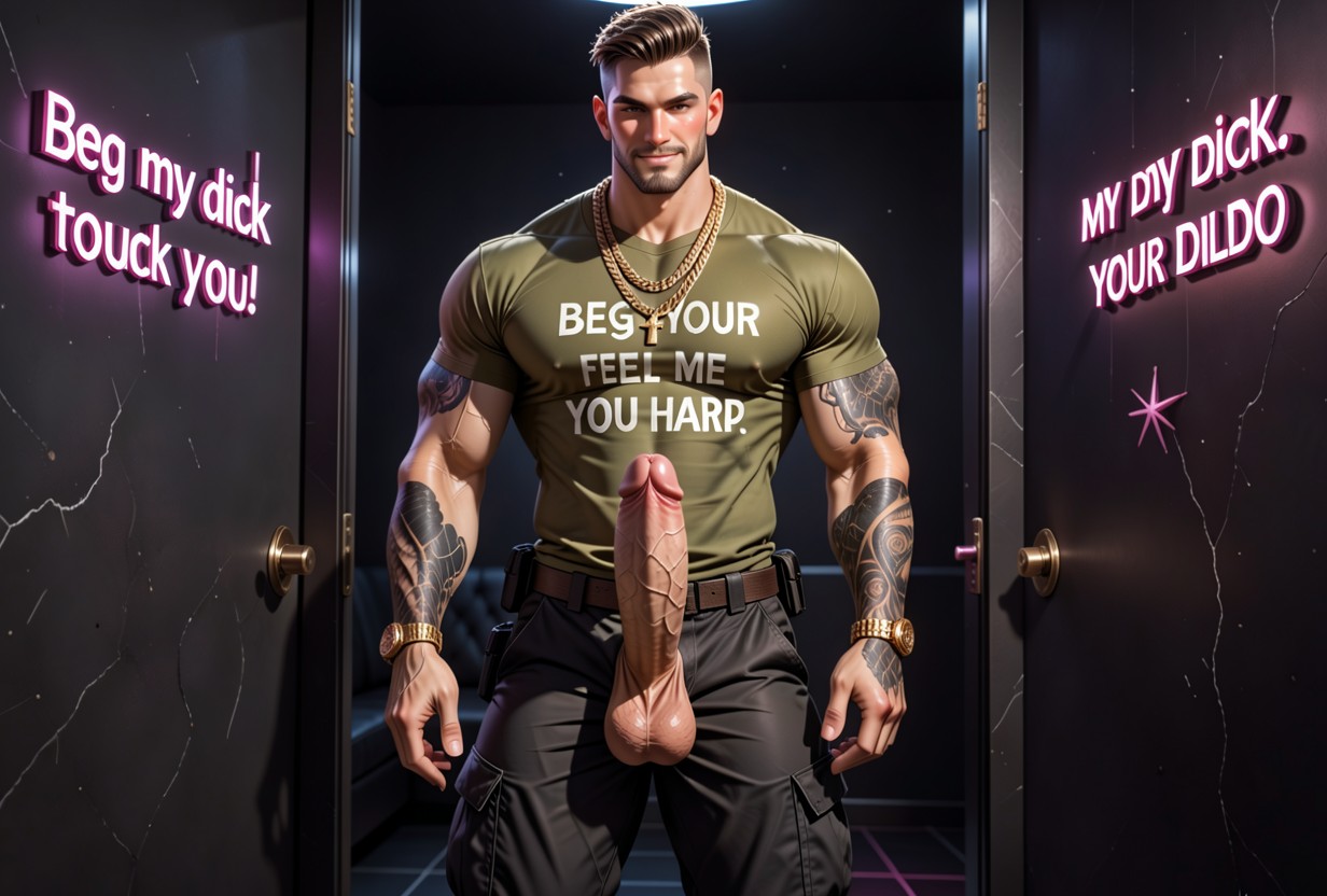 Detailed Sleeve Tattoos On Arms, Full Face Blush, Subtle Wall Text "beg My Dick To Fuck You!" On Wall AI同性戀黃片