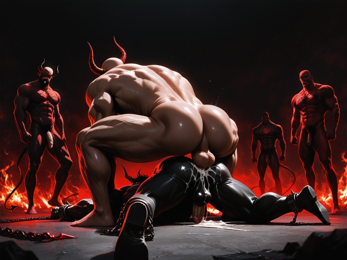 Bottom Has Huge Open Hole, Demons Wrestling Man, Dark Room With Red Lighting AI Gay Porn