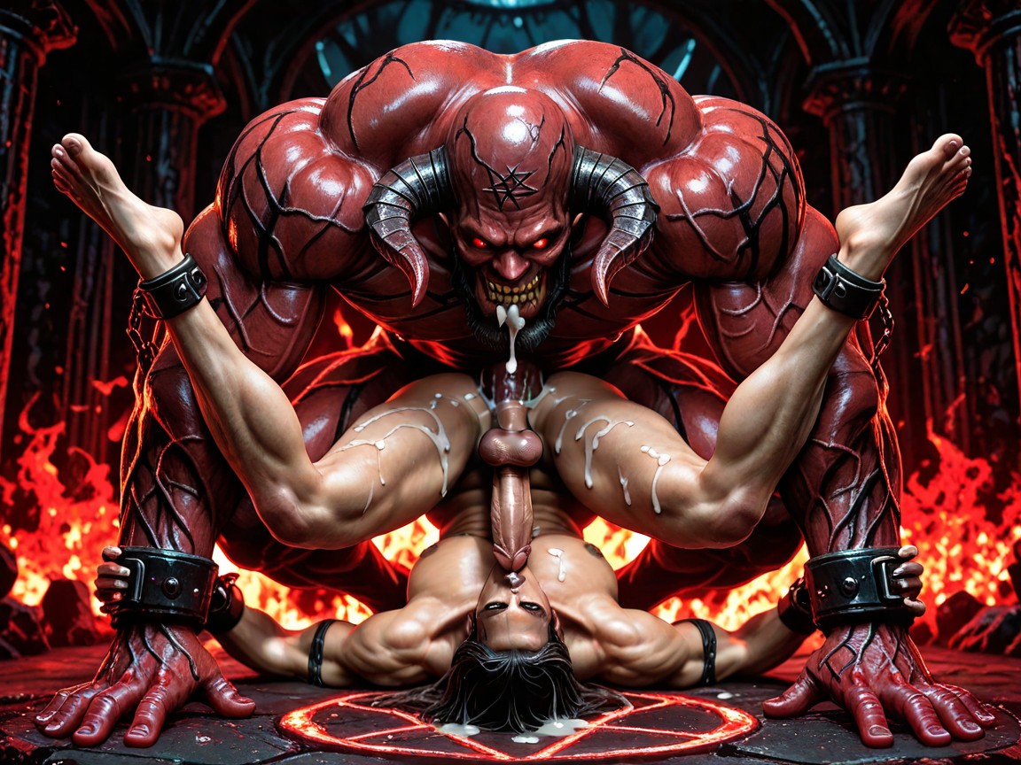 Red Scary Evil Giant Devil Monsters, Demons Stepping On Man, Cocks In Mouth AI Gay Porn