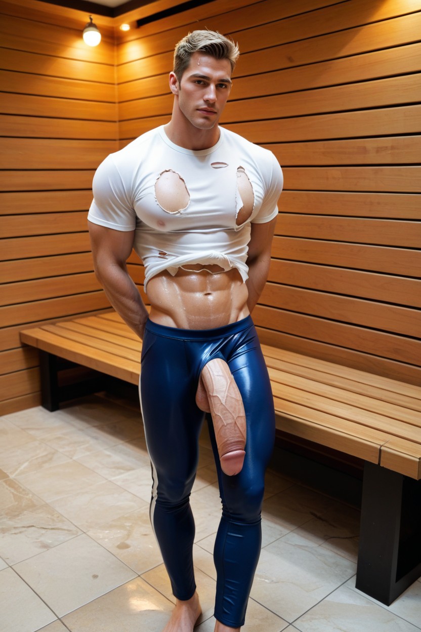 Extremely Oversized Gigantic Massive Flaccid Cock Hanging Down To His Ankles In Pants, Full Body, Fully Clothed AI Gay Porn