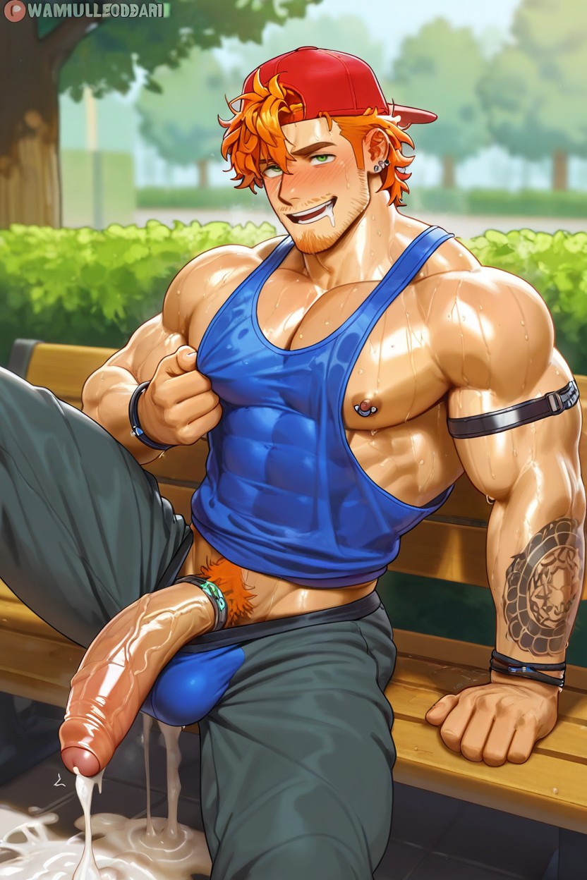 One Nipple Piercing Metal Cock Ring Cropped Tank Top Cum Through Underwear Pullind Down Pantsone Leg On The Bench, Cutesexyrobutts, Male Only Porno IA Gay