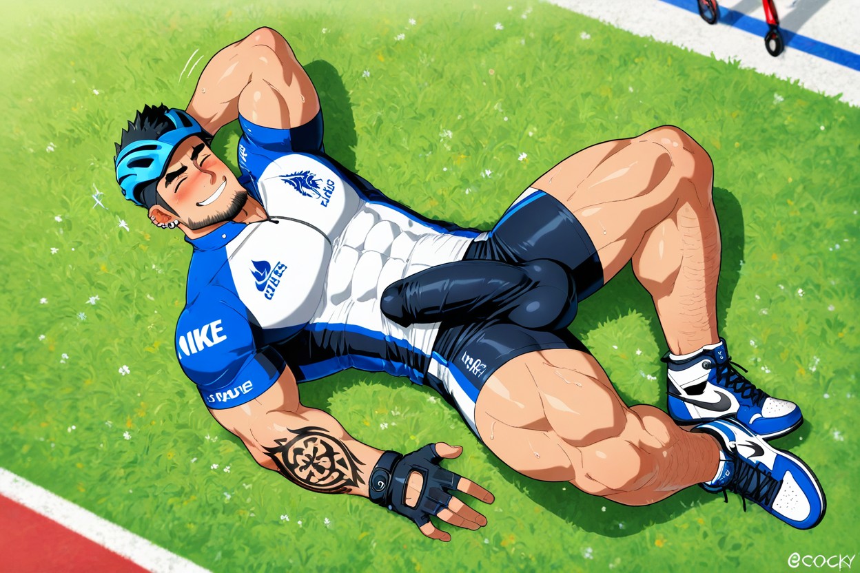 Slight Smile, He Holds One Hand Behind His Head And Squeezes His Crotch Ball Bulge, Huge Thick Penis ゲイAIポルノ