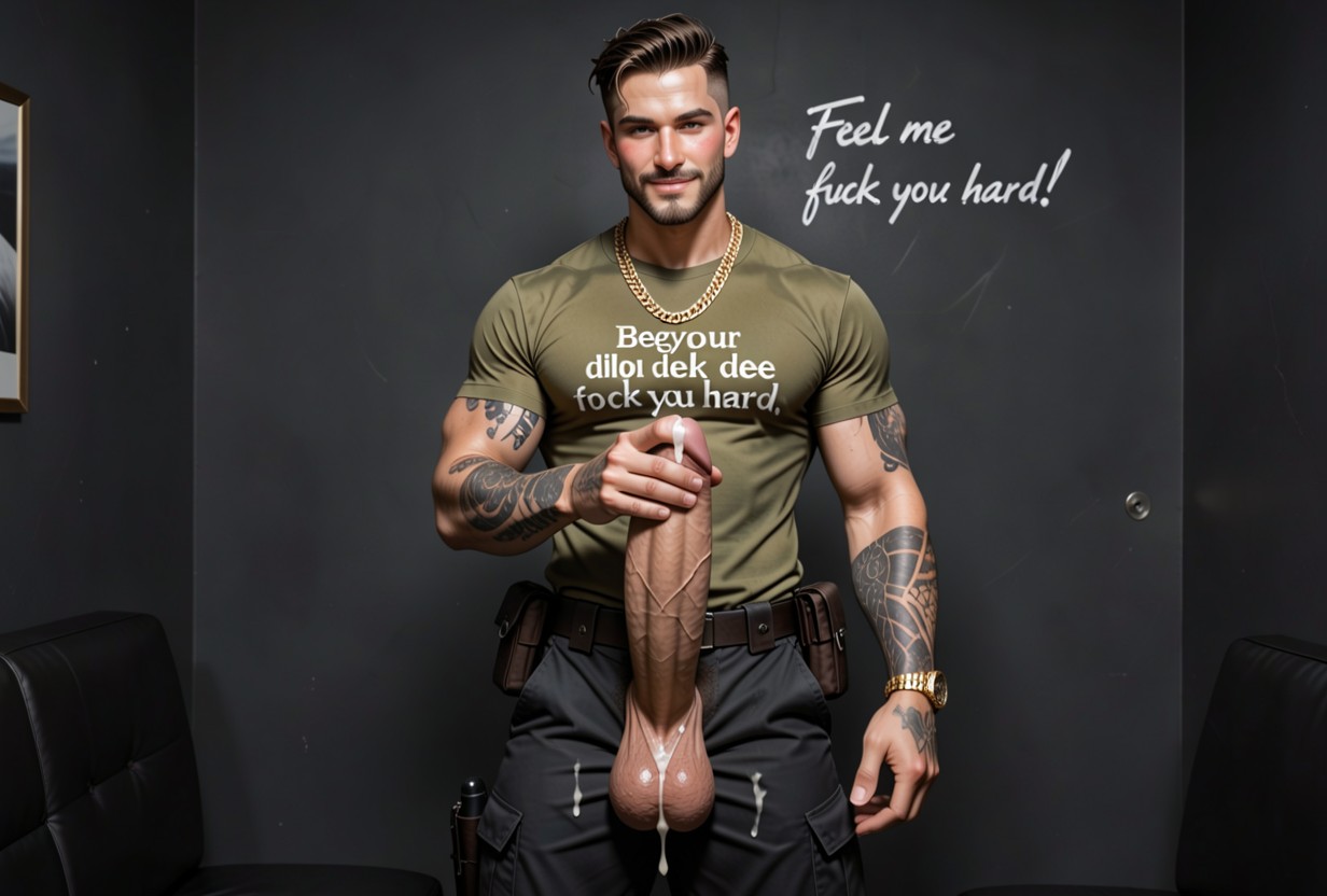 Cumshot, Wearing Olive Green "beg Your Dildo To Fuck You Hard" T-shirt, Photorealistic Image Of Ultra Fit Alpha Male With Styled Hair AI Gay Porn