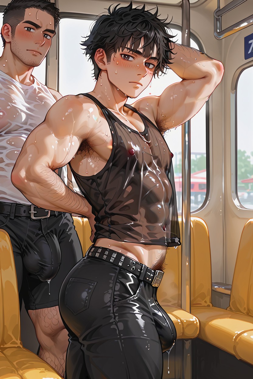 Bus Interior, Wet Tank Top, Excessive Precum AI Gay Porn