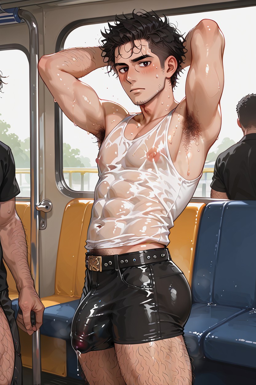 Sweaty, Dripping Precum Through Clothes, Dark Eyes AI Gay Porn