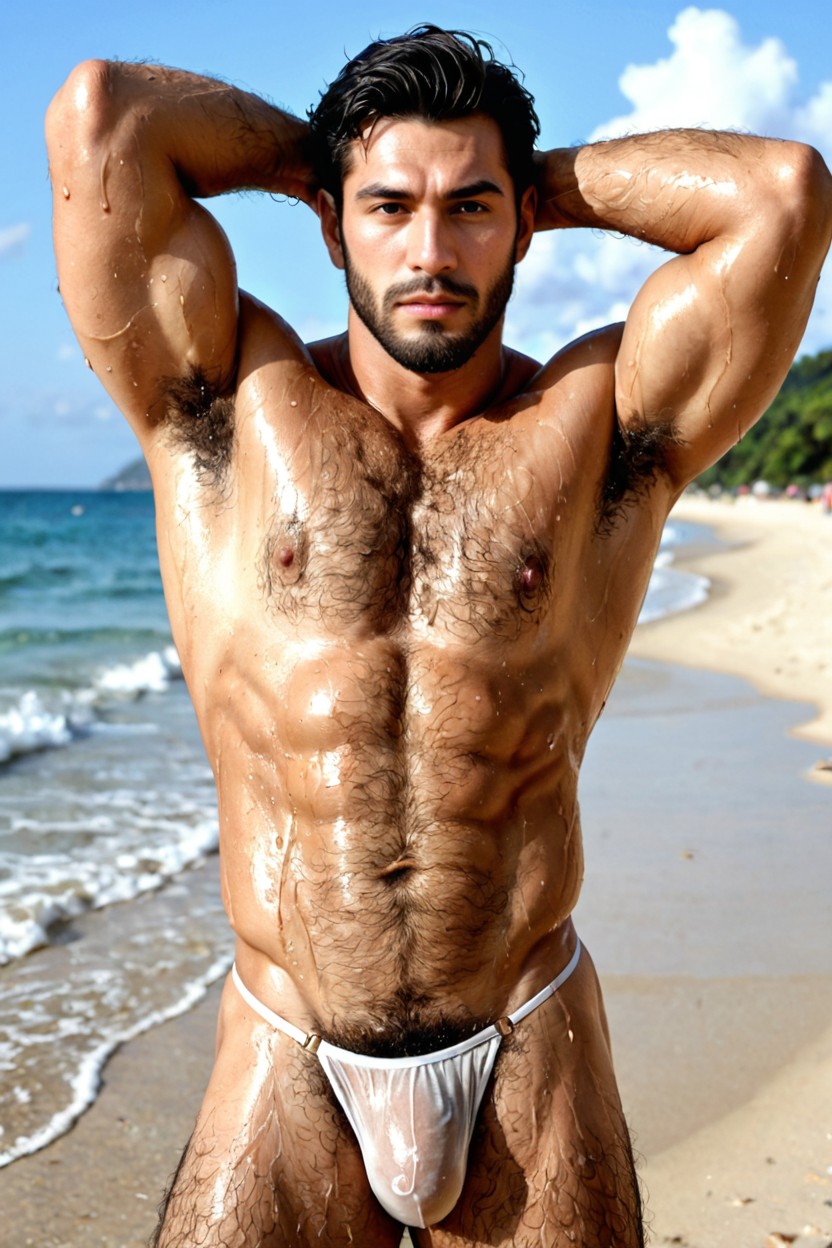 Sweaty, White G-string Thong, Muscle Definition AI Gay Porn