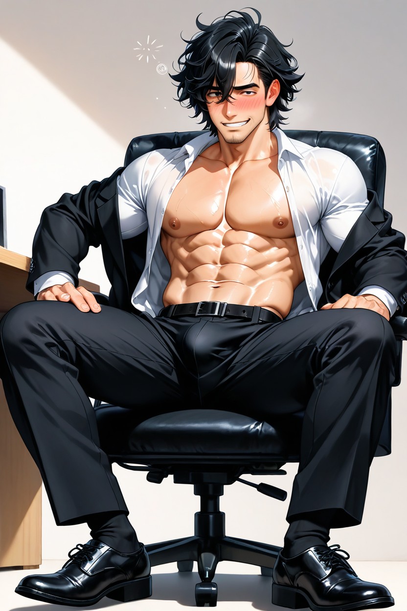 Open Shirt, Horny, Naturally Voluminous Hair AI Gay Porn