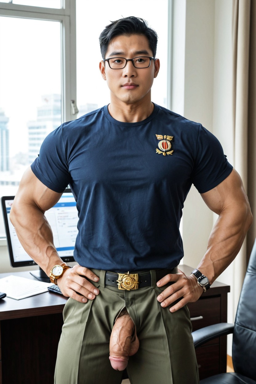 Hands On Hips, Clean And Tidy Uniform, Moyen Flaccid Size Penis AI Gay Porn
