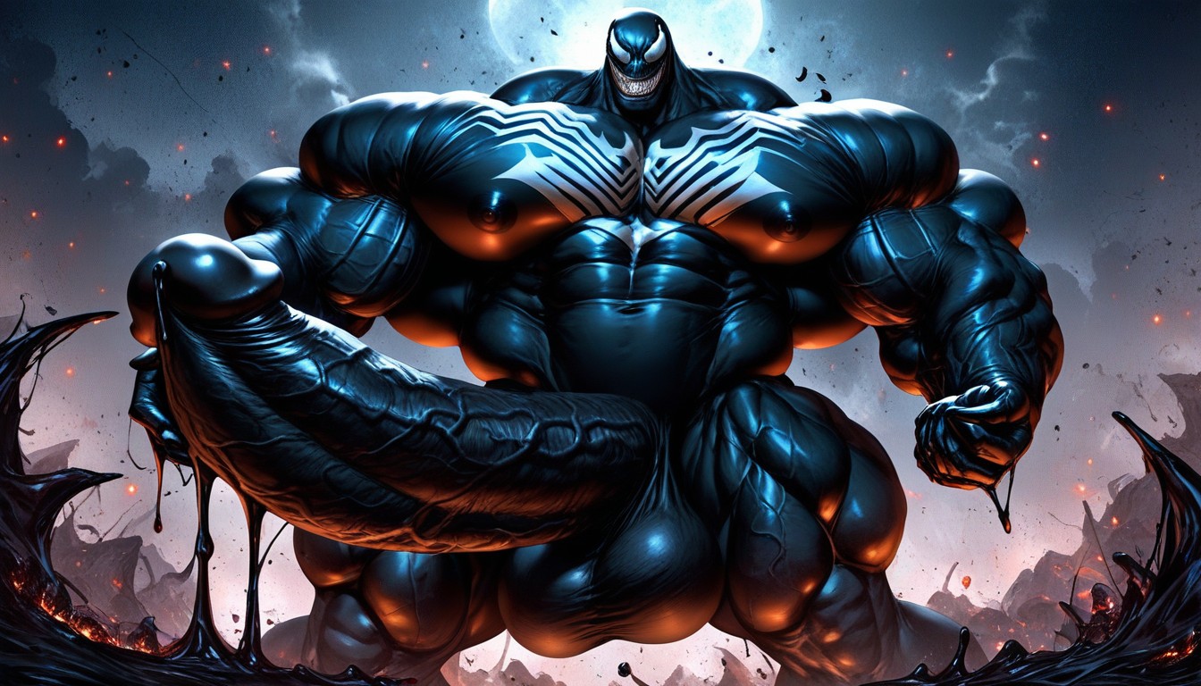 Venom, Hyper Exaggerated Gigantic Muscle Physique, No Tits AI Gay Porn