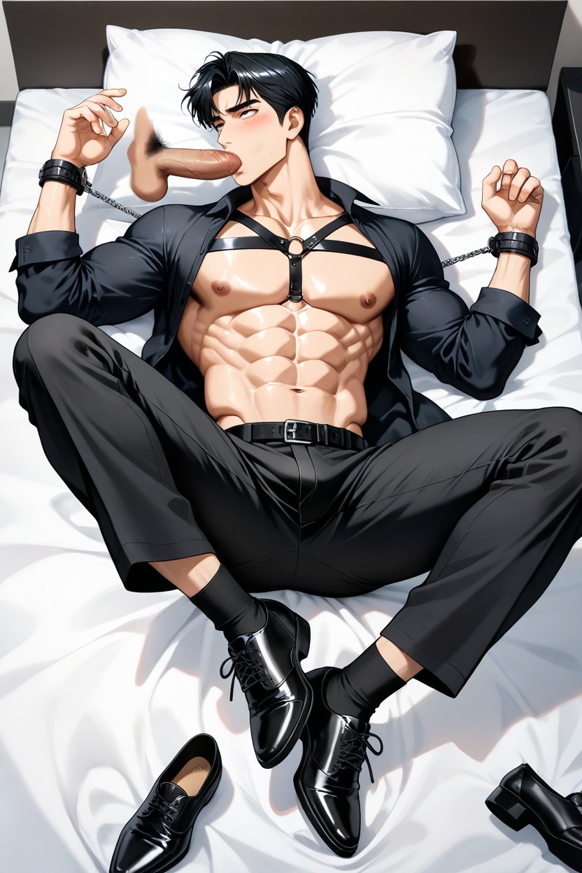 Long-sleeved Shirt, Open Pants Revealing His Penis, Intentionally Styled To Be Messy AI Gay Porn