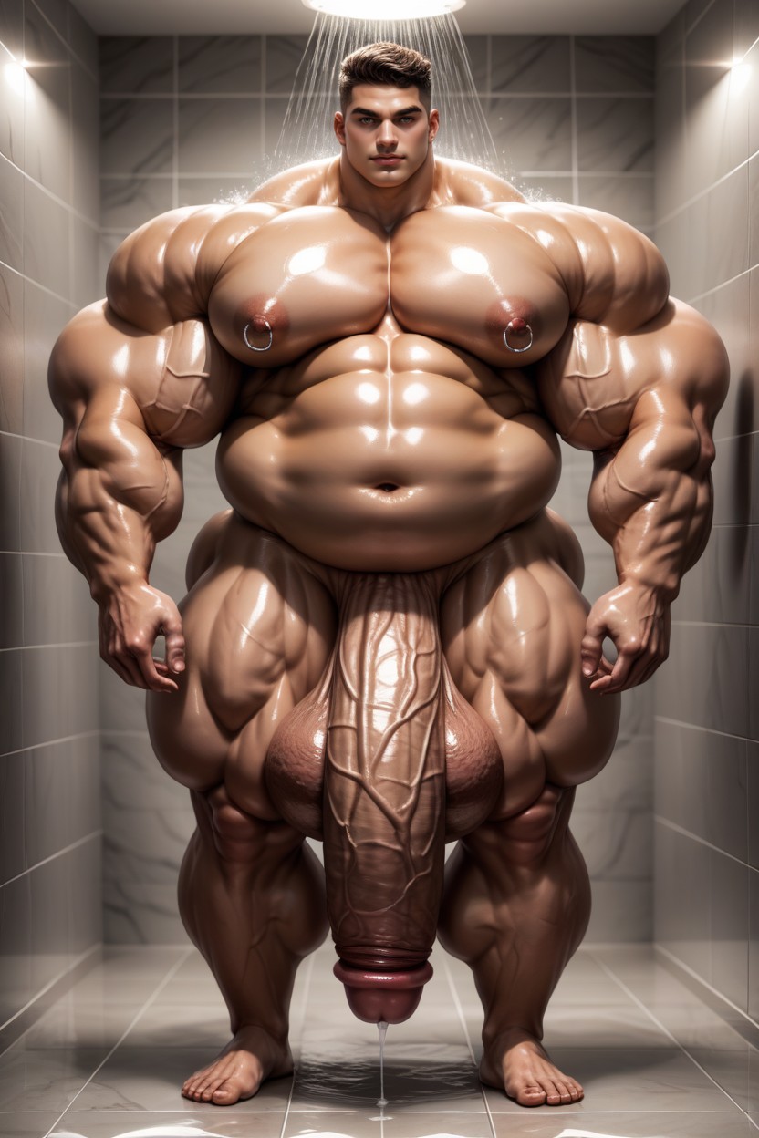 Hyper Muscular Bodybuilder Body, Impossibly Long Hyper Penis, Oiled Skin AI Gay Porn