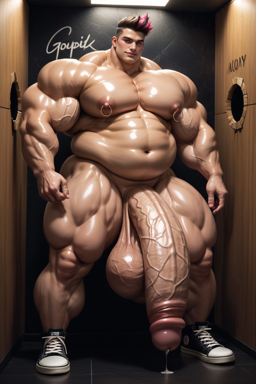 Hyper Bulky Muscles, Hyper Genitals, Tan Skin AI Gay Porn