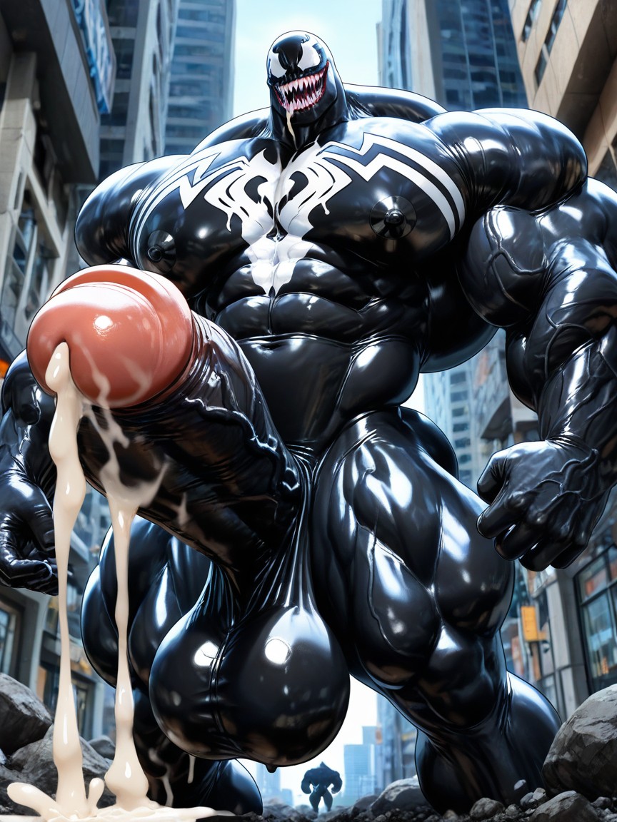 Vivid Cinematic Light Casting Rembrandt-style Deep Shadows On His Massive Bulking Body, Erect Up Penis, Multiple Penis AI Gay Porn