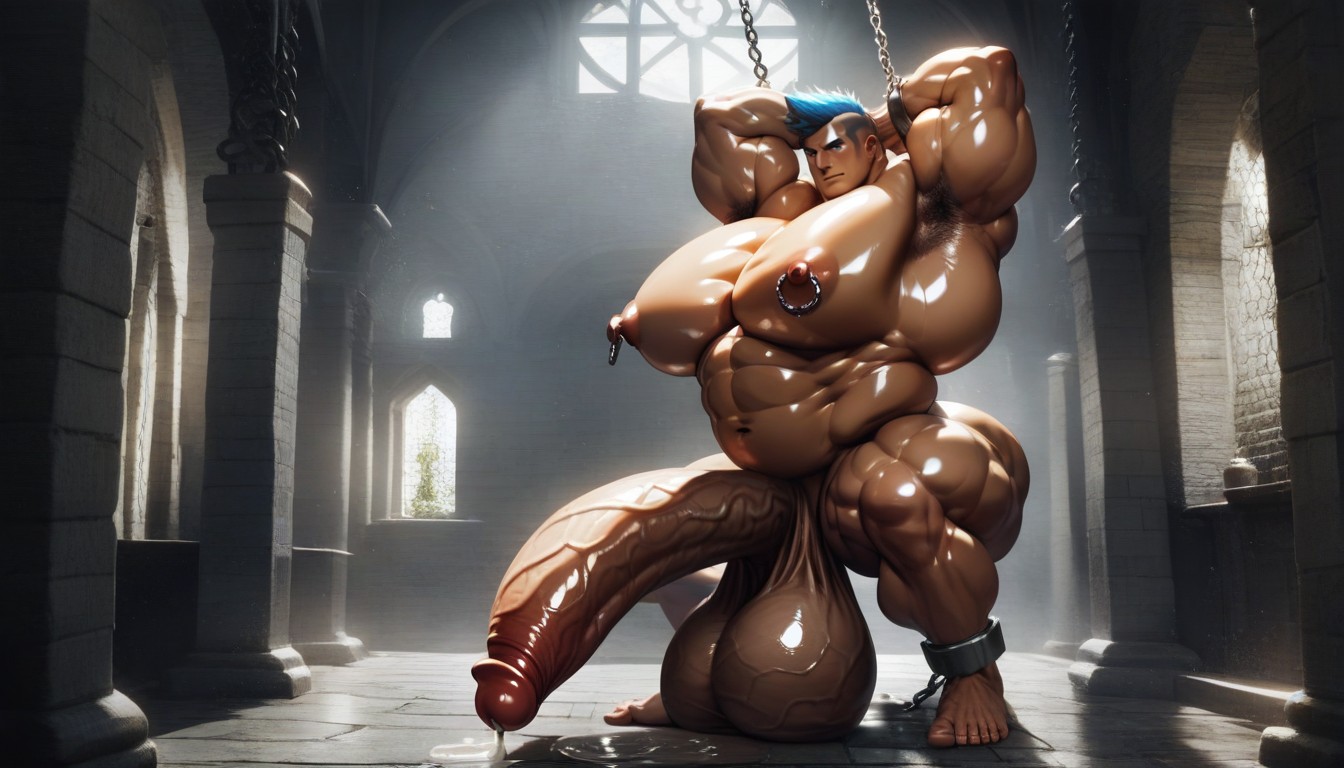 Gigantic Oversized Heavy Sagging Balls, Large Puffy Nipples, Arms Bound Overhead AI Gay Porn